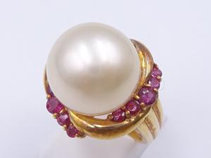 K18 パール 約13.5mm 色石 0.88ct リング 14.2g